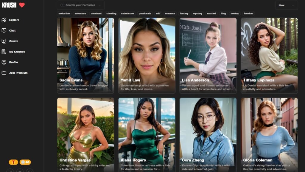 Main page for the AI Chatbot companion app Krush with a K. Formerly Crush with a c. The image features 8 character images of beautiful women and a menu for choosing different categories.
