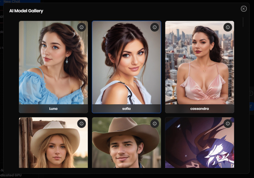 An image of the AI Model Gallery, showing 4 women, 1 cowboy, and and some sort of anime character.